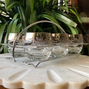 Set of 6 Floral Silver Fade Roly Poly Glasses + Chrome Caddy - MCM Bar Glassware